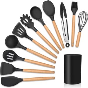 Kit Utensílios Cozinha 12 Peças Silicone Preto Cabo Madeira Premium Anticalor IZECOOK PRO