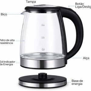 Chaleira Elétrica de Vidro 1,8L 110V 1200W LED Desligamento Automático IZEBOIL PRO
