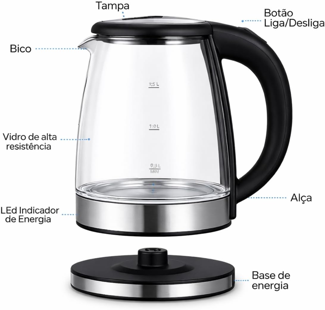 Chaleira Elétrica de Vidro 1,8L 110V 1200W LED Desligamento Automático IZEBOIL PRO