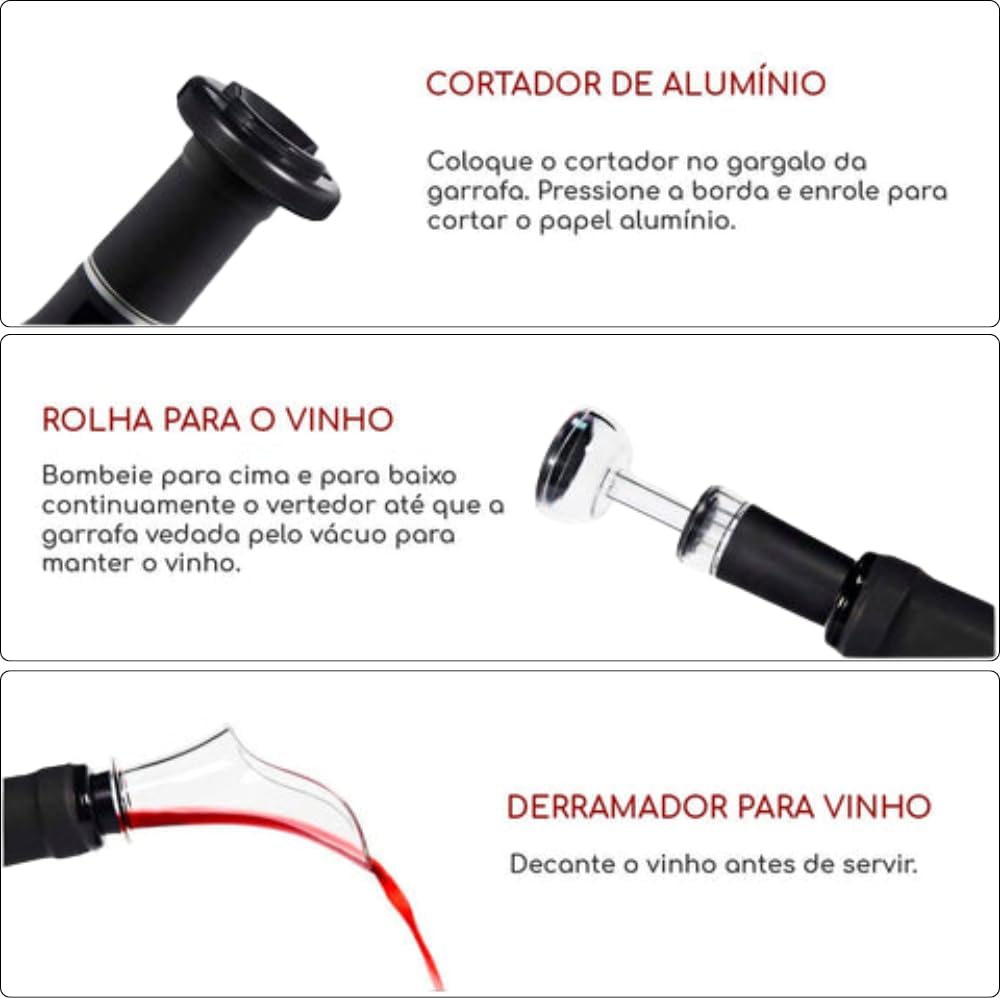 Kit Abridor de Vinho Elétrico 4 Peças Preto Inox Premium IZEVINO PRO