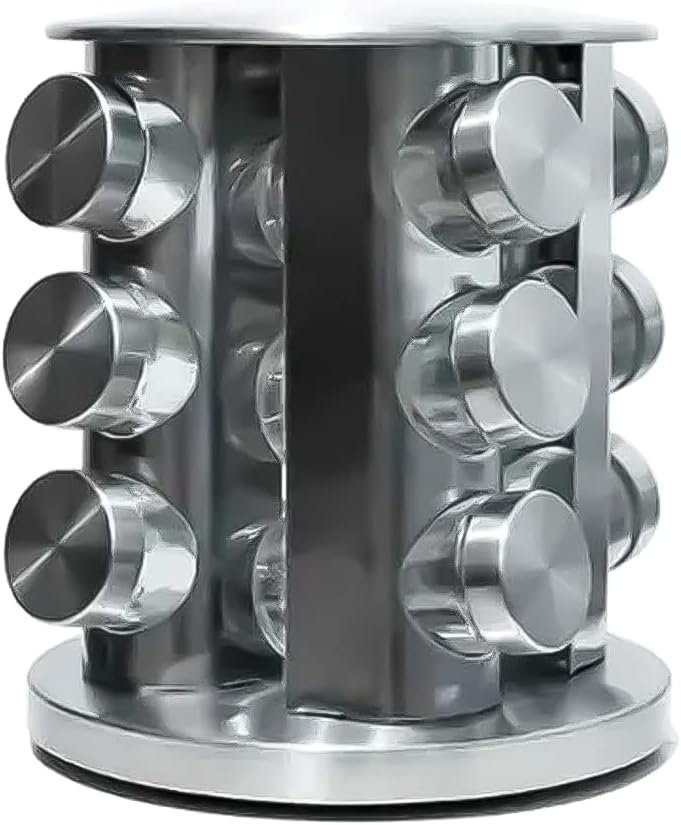 Porta Condimentos Giratório 12 Potes Vidro Inox Aço Escovado Premium IZEFLAVOR PRO