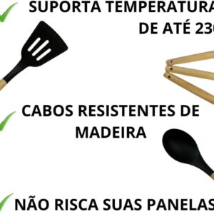 Kit Utensílios Cozinha 12 Peças Silicone Preto Cabo Madeira Premium Anticalor IZECOOK PRO Kit Utensílios Cozinha 12 Peças Silicone Preto Cabo Madeira Premium Anticalor IZECOOK PRO