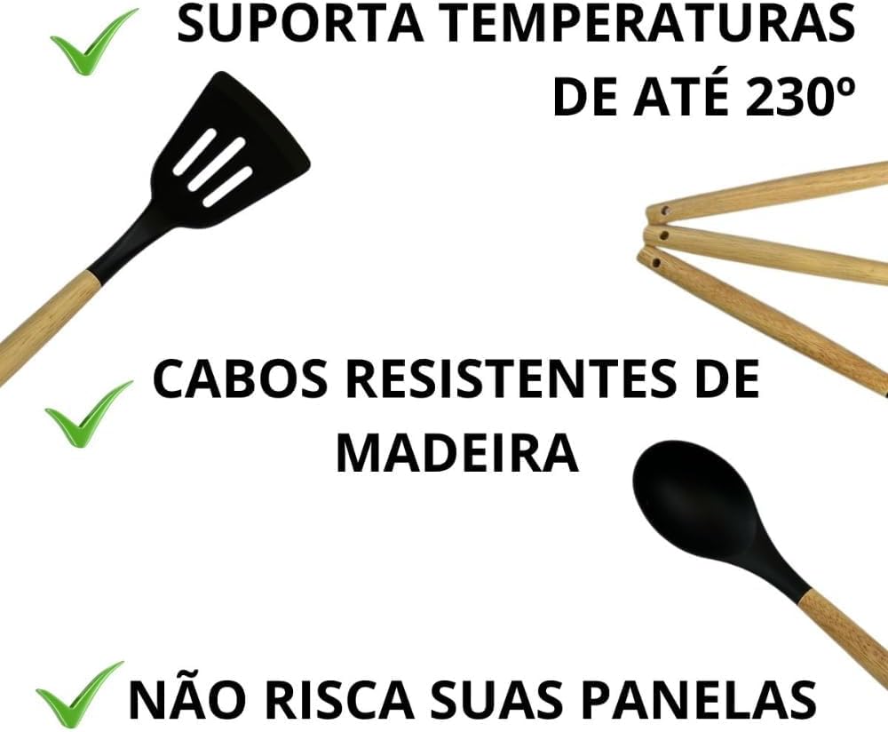 Kit Utensílios Cozinha 12 Peças Silicone Preto Cabo Madeira Premium Anticalor IZECOOK PRO IZESHOP Kit completo de 12 utensílios de cozinha IZECOOK PRO em silicone preto