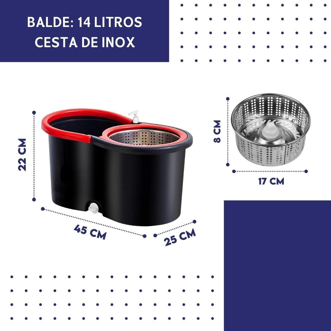 Mop Giratório 14L Vermelho Preto Inox 2 Refis Dispenser Limpeza Rápida IZEPOWER CLEAN
