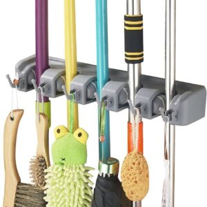 Suporte para Vassoura e Mop Parede 5 Espaços 6 Ganchos 16kg Inox Organizador Multiuso IZEHOLD PRO