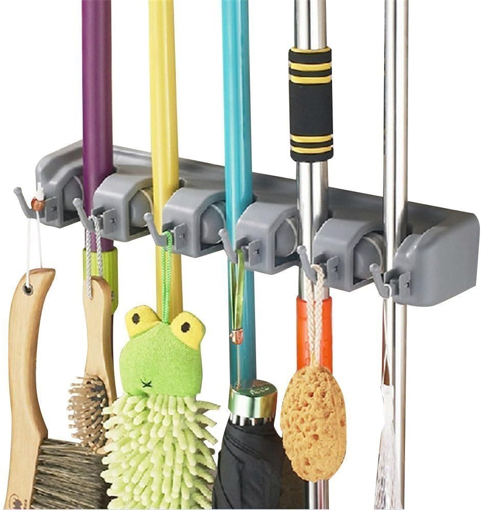Suporte para Vassoura e Mop Parede 5 Espaços 6 Ganchos 16kg Inox Organizador Multiuso IZEHOLD PRO