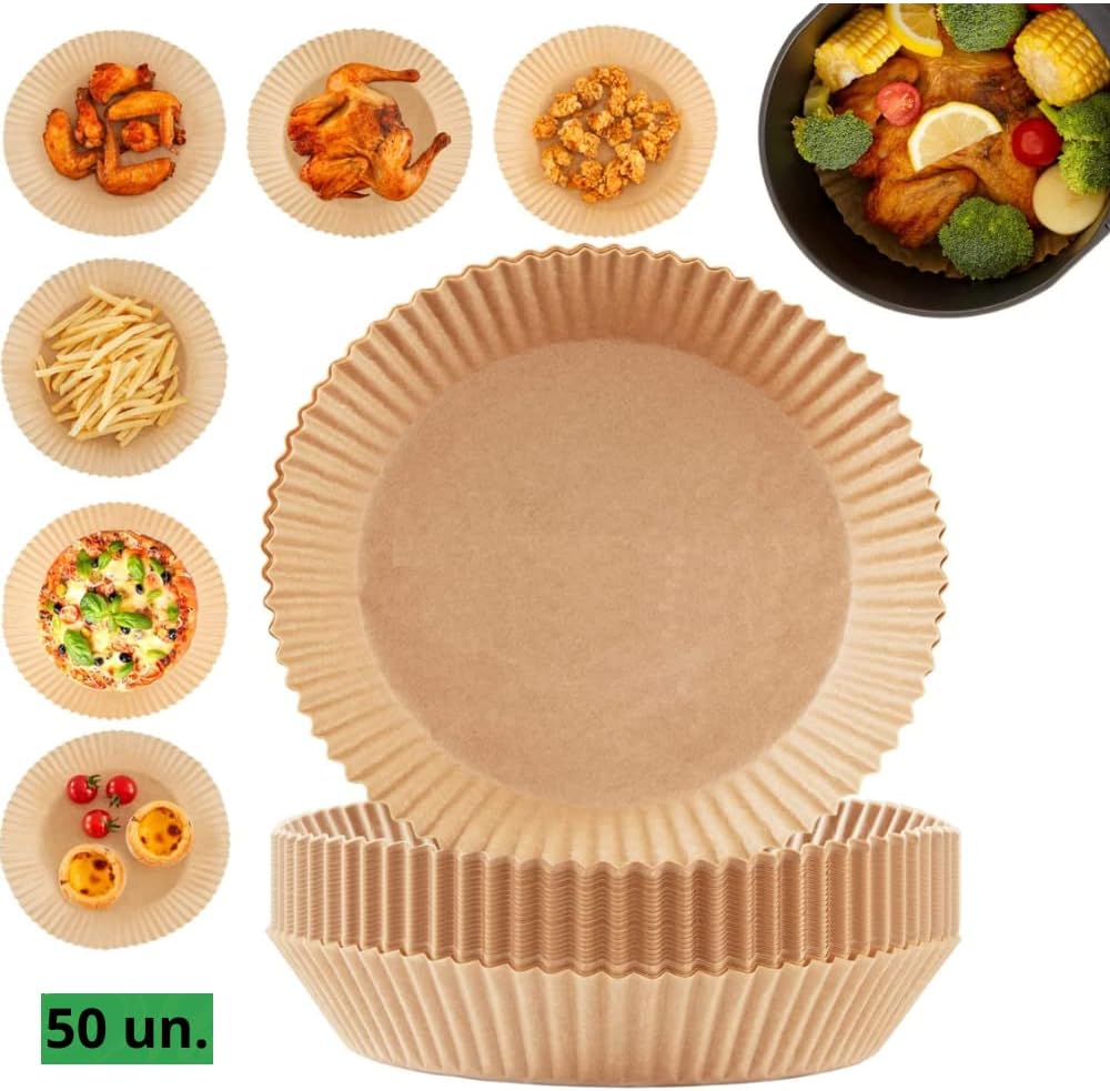 Papel Descartável Antiaderente Air Fryer 3 a 5L 50 Unidades Bege Premium IZEAIR MAX IZESHOP Papel descartável antiaderente para Air Fryer IZEAIR MAX bege com formato redondo