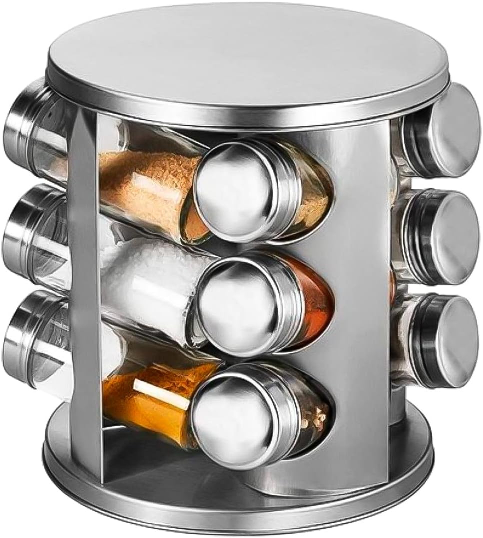 Porta Condimentos Giratório 12 Potes Vidro Inox Aço Escovado Premium IZEFLAVOR PRO