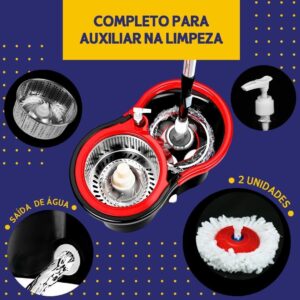 Mop Giratório 14L Vermelho Preto Inox 2 Refis Dispenser Limpeza Rápida IZEPOWER CLEAN