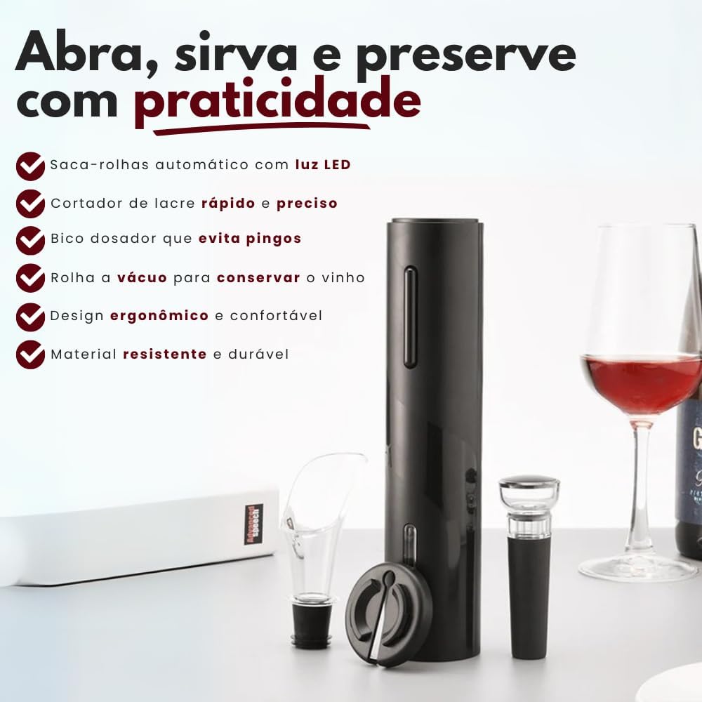 Kit Abridor de Vinho Elétrico 4 Peças Preto Inox Premium IZEVINO PRO