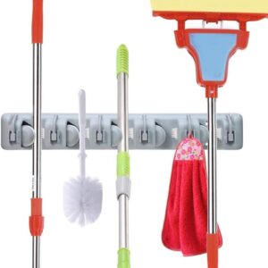 Suporte para Vassoura e Mop Parede 5 Espaços 6 Ganchos 16kg Inox Organizador Multiuso IZEHOLD PRO