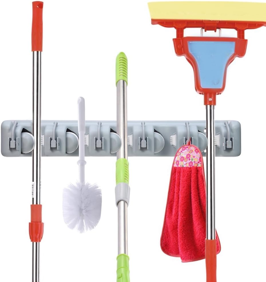 Suporte para Vassoura e Mop Parede 5 Espaços 6 Ganchos 16kg Inox Organizador Multiuso IZEHOLD PRO
