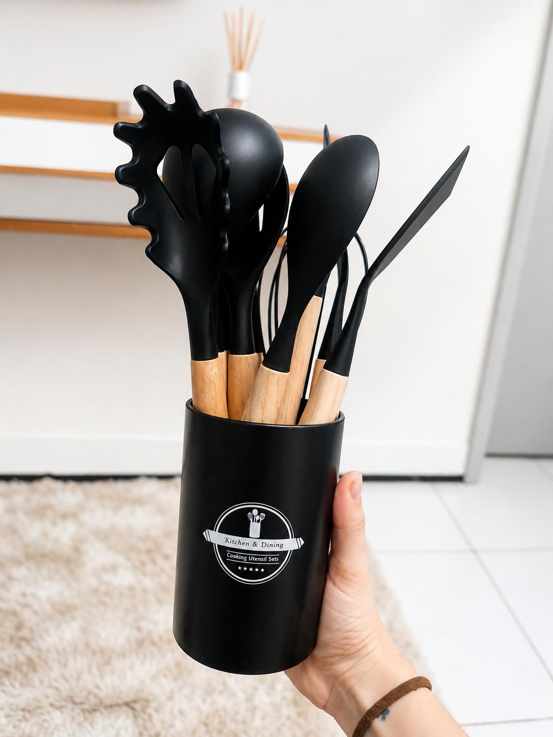 Kit Utensílios Cozinha 12 Peças Silicone Preto Cabo Madeira Premium Anticalor IZECOOK PRO photo review