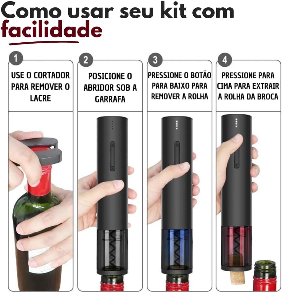 Kit Abridor de Vinho Elétrico 4 Peças Preto Inox Premium IZEVINO PRO