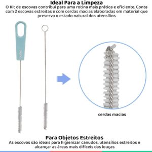 Escova para Canudos e Mamadeiras 2 Unidades Azul Aço Nylon 17cm Livre BPA IZEWASH PRO