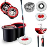 Mop Giratório 14L Vermelho Preto Inox 2 Refis Dispenser Limpeza Rápida IZEPOWER CLEAN