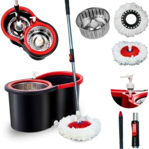 Mop Giratório 14L Vermelho Preto Inox 2 Refis Dispenser Limpeza Rápida IZEPOWER CLEAN