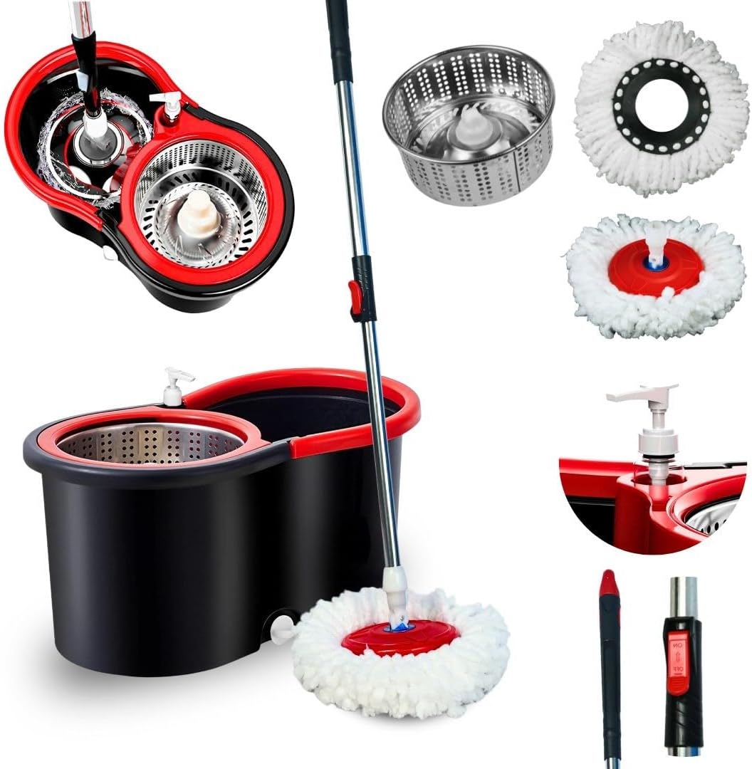 Mop Giratório 14L Vermelho Preto Inox 2 Refis Dispenser Limpeza Rápida IZEPOWER CLEAN