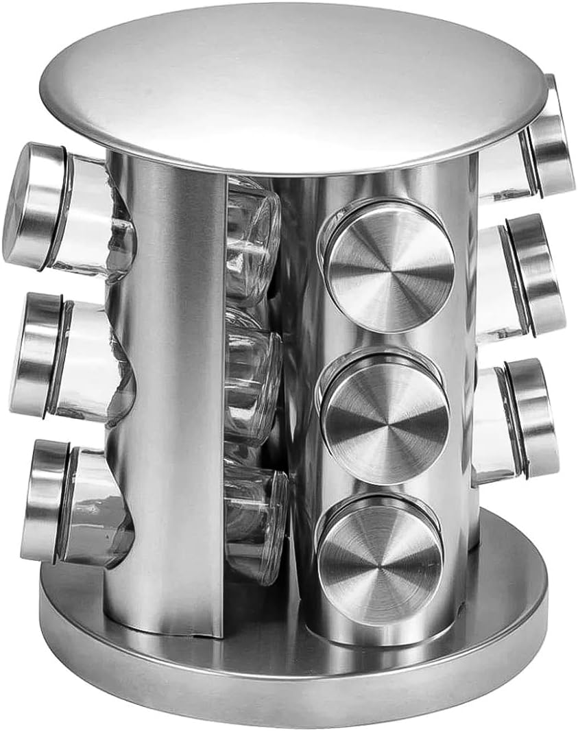 Porta Condimentos Giratório 12 Potes Vidro Inox Aço Escovado Premium IZEFLAVOR PRO