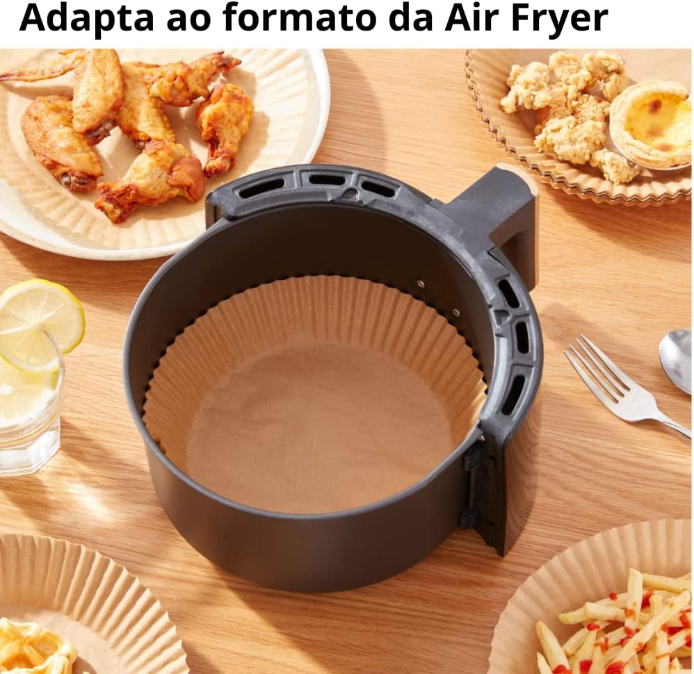 Papel Descartável Antiaderente Air Fryer 3 a 5L 50 Unidades Bege Premium IZEAIR MAX IZESHOP Papel descartável bege premium para air fryer com proteção antiaderente e formato redondo
