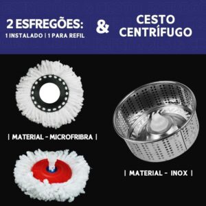 Mop Giratório 14L Vermelho Preto Inox 2 Refis Dispenser Limpeza Rápida IZEPOWER CLEAN