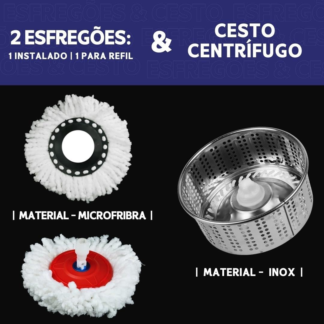 Mop Giratório 14L Vermelho Preto Inox 2 Refis Dispenser Limpeza Rápida IZEPOWER CLEAN