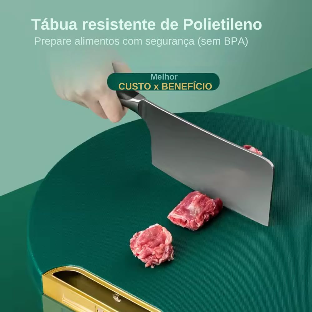 Tábua de Corte Redonda Polietileno Antibacteriana Antiderrapante 29x25cm Premium IZECHOP PRO IZESHOP Tábua de corte com canaleta para reter líquidos e evitar sujeira na bancada da cozinha