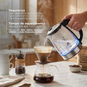 Chaleira Elétrica de Vidro 1,8L 110V 1200W LED Desligamento Automático IZEBOIL PRO