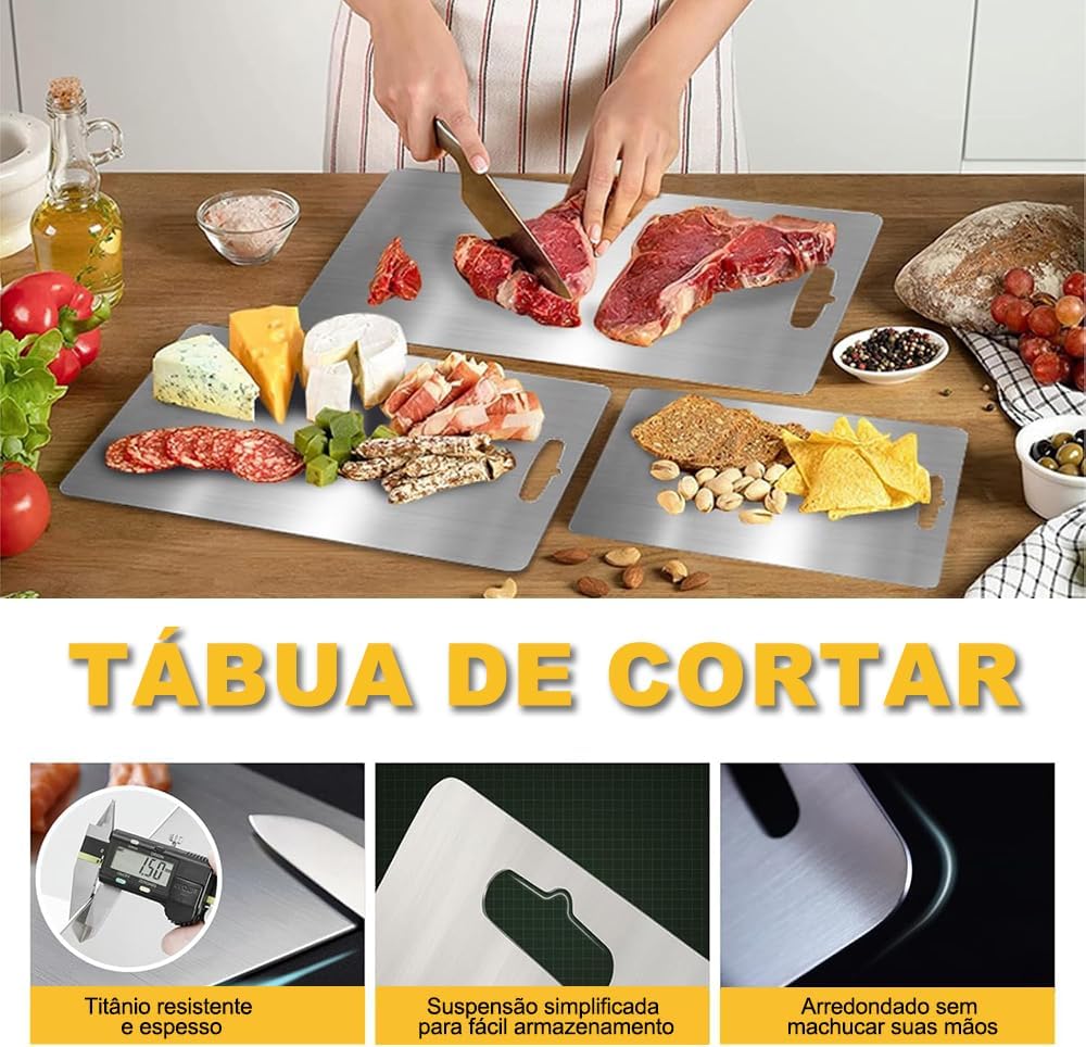 Tábua de Corte Titânio Inox 304 36x25cm Dupla Face Resistente Premium IZECHOP PRO