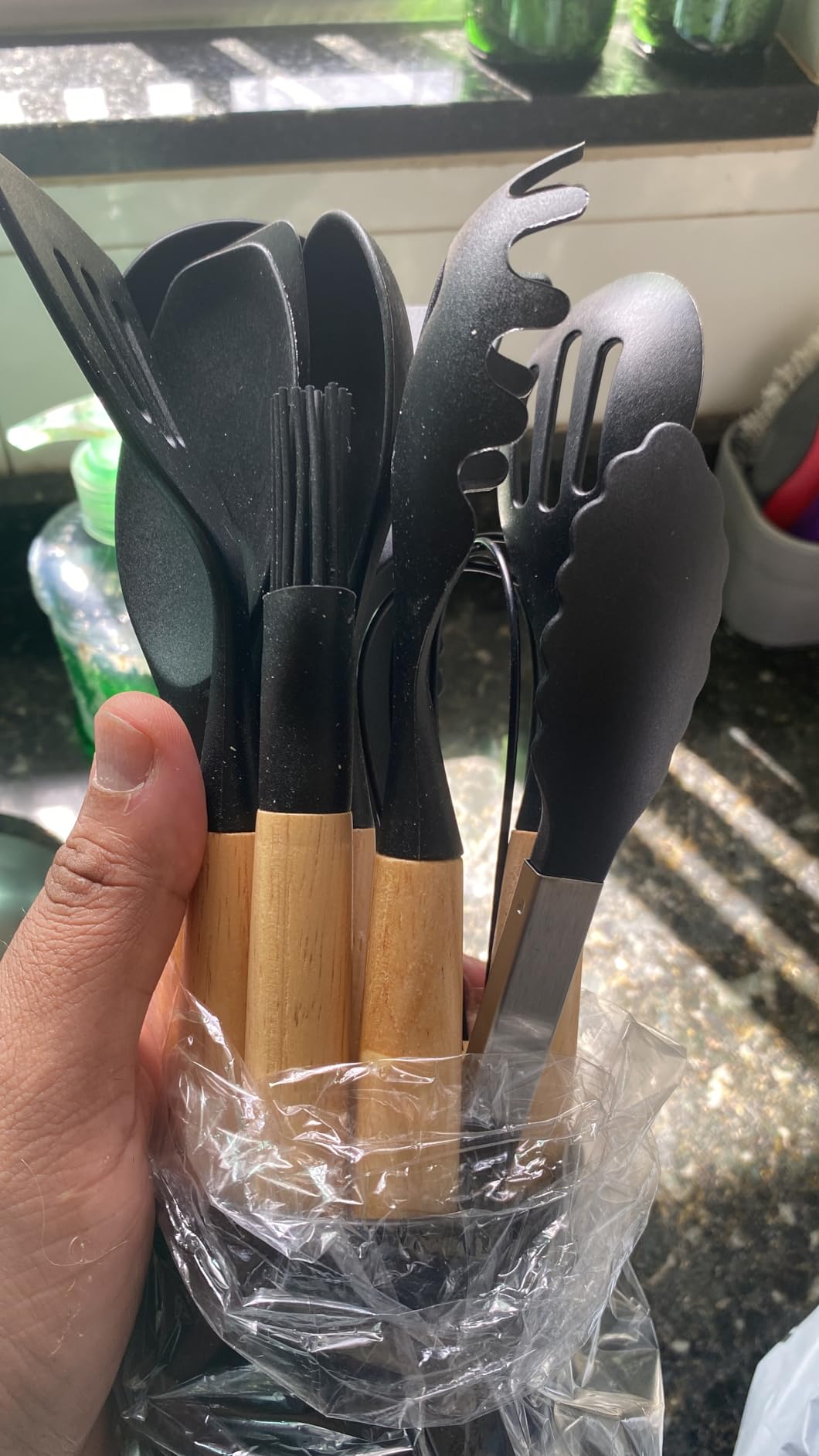 Kit Utensílios Cozinha 12 Peças Silicone Preto Cabo Madeira Premium Anticalor IZECOOK PRO photo review