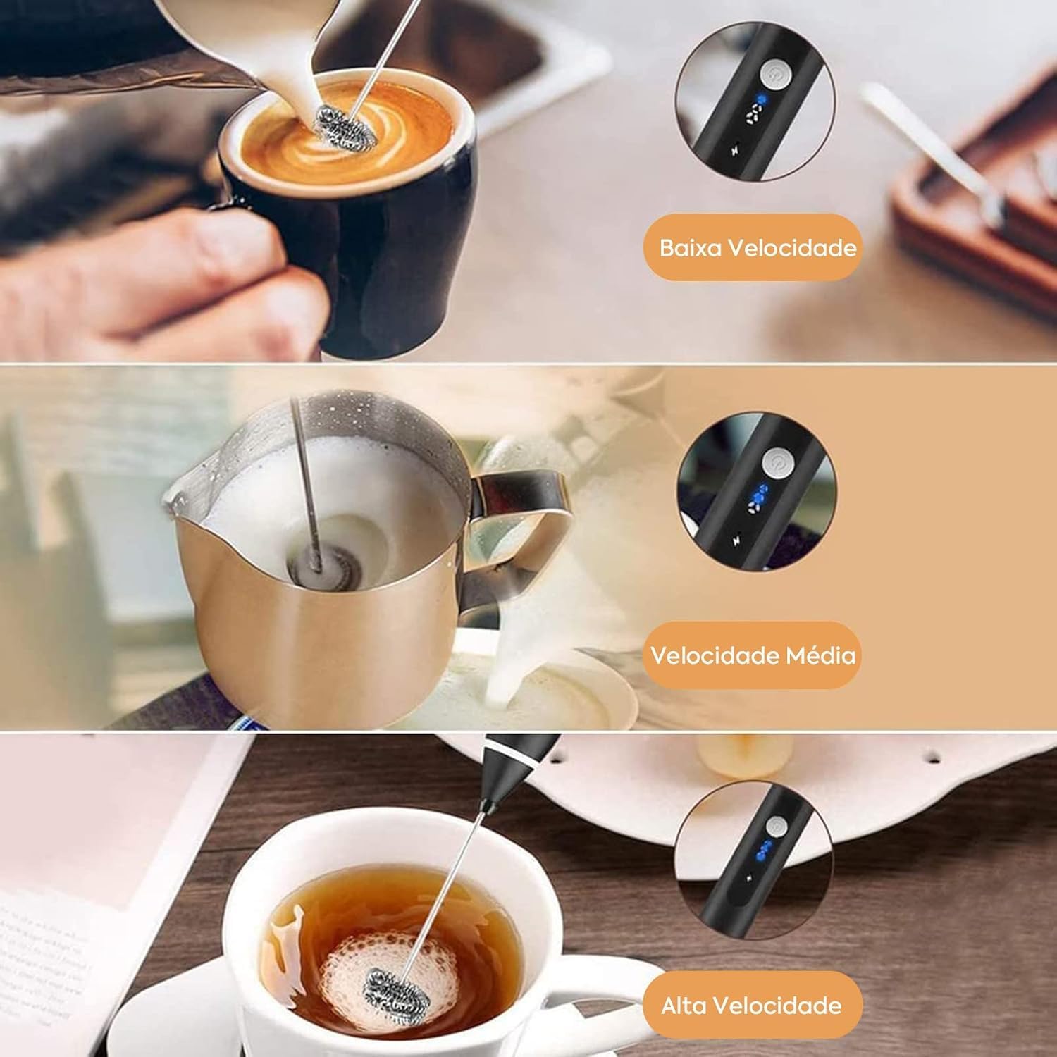 Mini Mixer Portátil USB Recarregável Inox Preto 3 Velocidades Premium IZEFOAM PRO IZESHOP Batedor elétrico portátil IZEFOAM PRO com design preto, inox e cabeças removíveis
