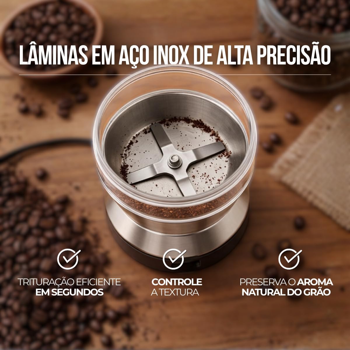 Moedor de Café Elétrico 220V Aço Inox 400ml 150W Multiuso Rápido IZESMART CHOP IZESHOP Moedor de café com tampa transparente de 400ml para acompanhar a moagem com praticidade