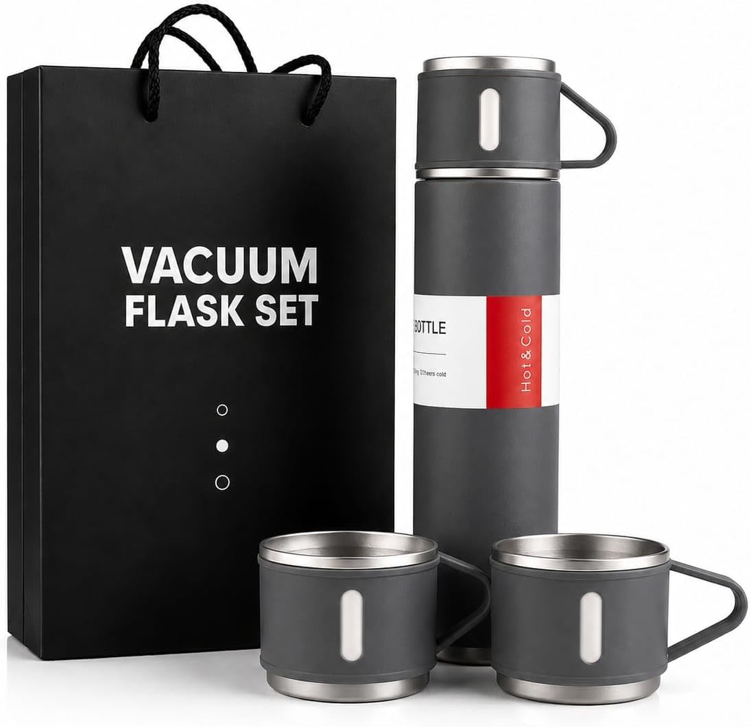 Garrafa Térmica Inox 500ml Fosca Cinza 3 Copos Click Rápido Premium IZEVENTURE