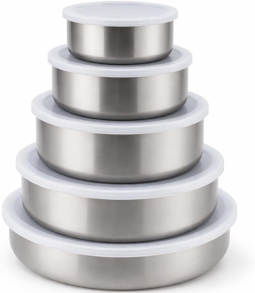 Kit 5 Tigelas Herméticas Aço Inox Redondas com Tampa Vedação Segura Organiza Fácil IZEHOLD PRO IZESHOP Kit 5 tigelas herméticas de aço inox IZEHOLD PRO com tampas translúcidas para armazenar alimentos