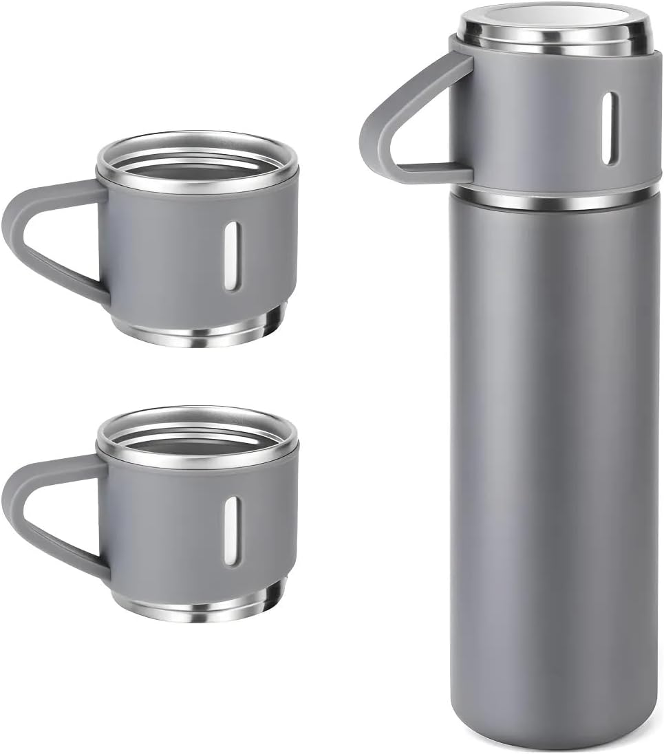 Garrafa Térmica Inox 500ml Fosca Cinza 3 Copos Click Rápido Premium IZEVENTURE