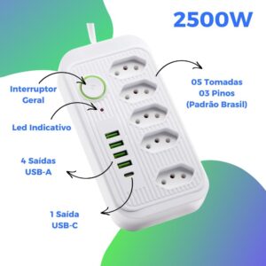 Filtro de Linha 5 Tomadas 4 USB-A 1 USB-C 2m Bivolt 2500W Proteção Inteligente IZEPOWER PRO Filtro de Linha 5 Tomadas 4 USB-A 1 USB-C 2m Bivolt 2500W Proteção Inteligente IZEPOWER PRO