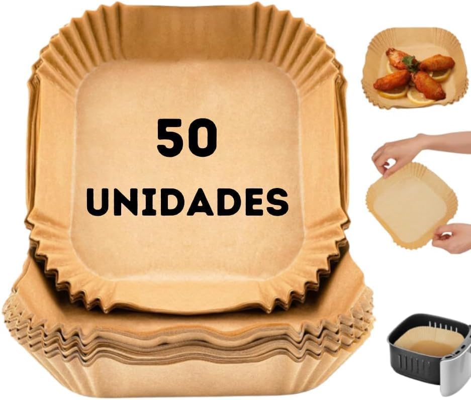 Forma Papel para AirFryer 50 Unidades Quadrada Descartável Antiaderente Universal IZECRISP PRO IZESHOP Forma papel para AirFryer IZECRISP PRO quadrada descartável antiaderente