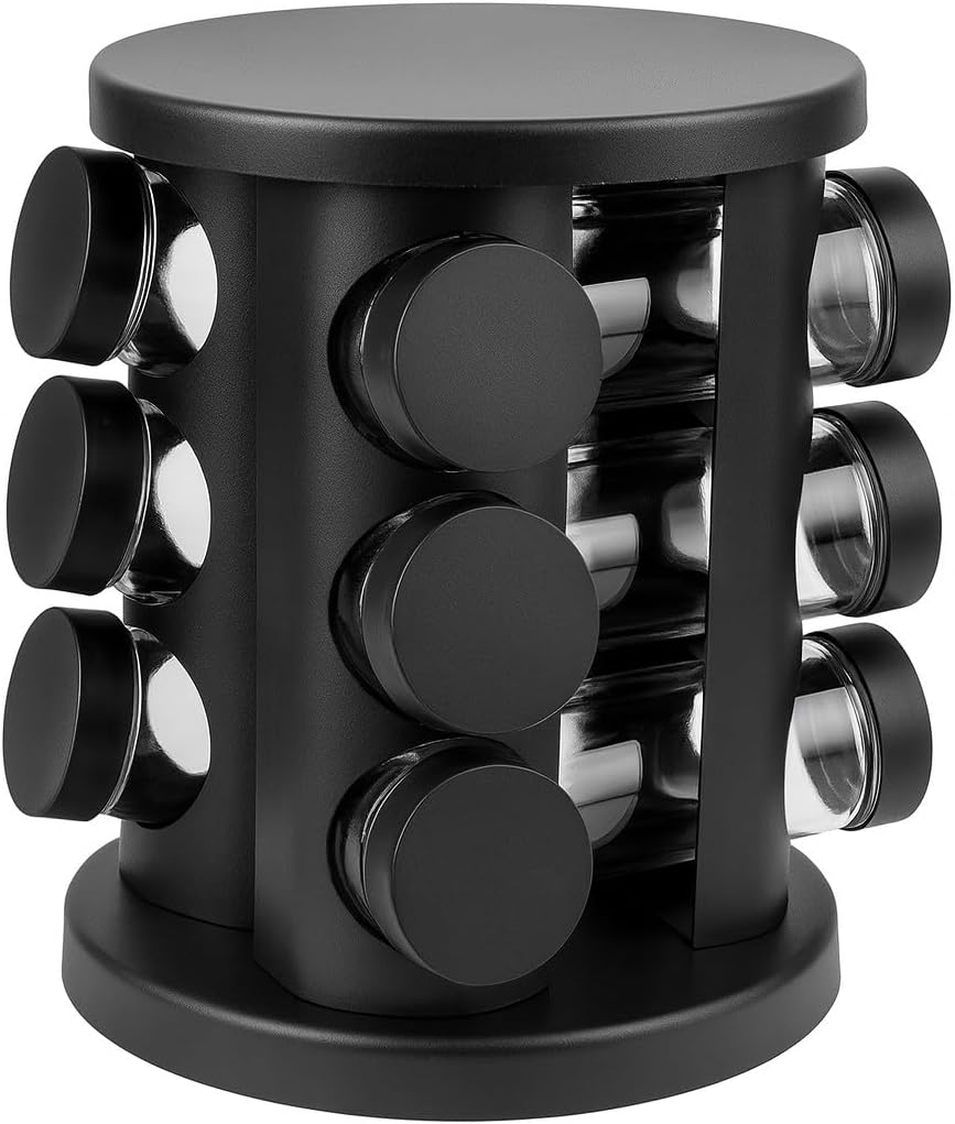 Porta Temperos Giratório 12 Potes Vidro Preto 360° Organizador Premium IZEFLAVOR PRO IZESHOP Porta Temperos Giratório IZEFLAVOR PRO com 12 potes de vidro preto para cozinha organizada