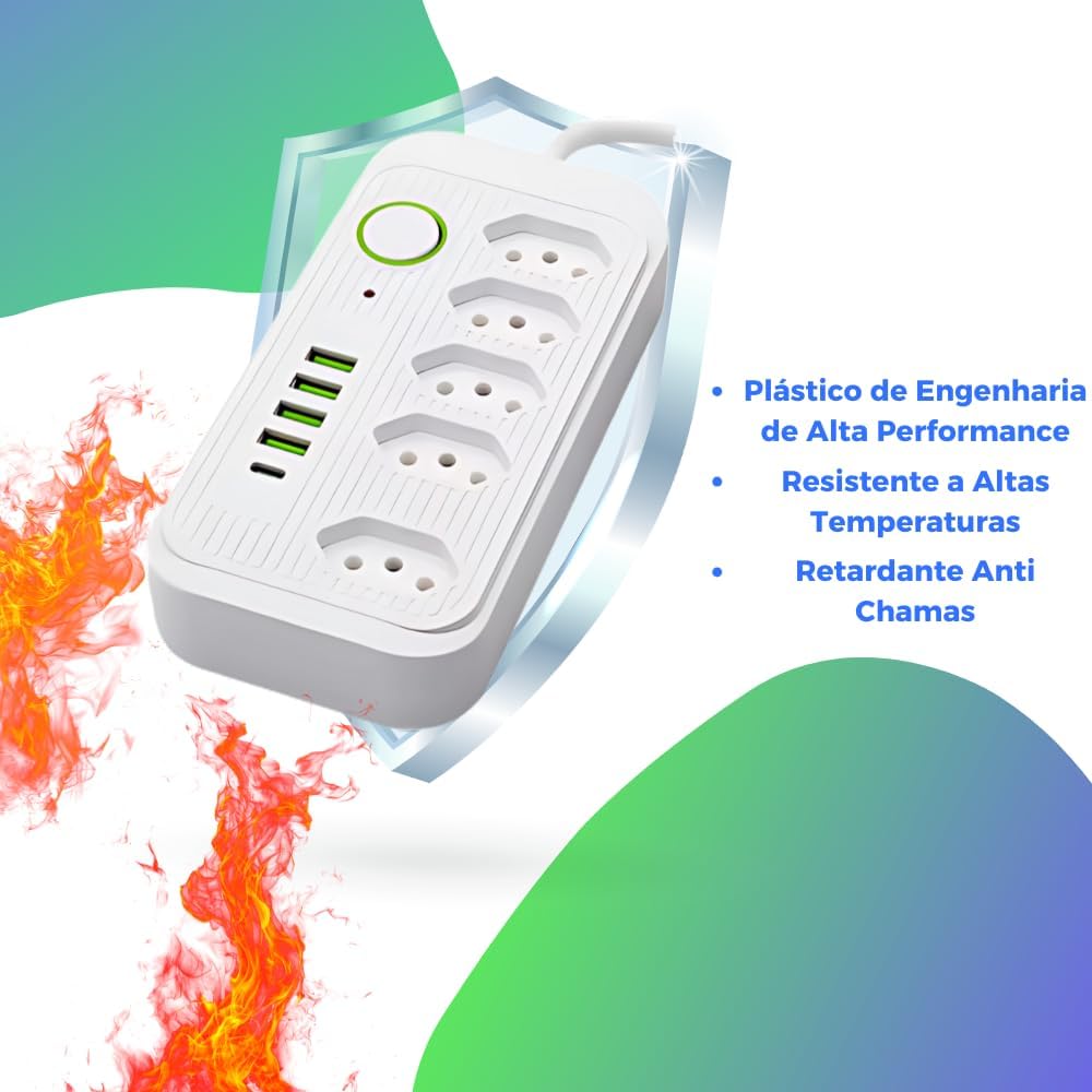 Filtro de Linha 5 Tomadas 4 USB-A 1 USB-C 2m Bivolt 2500W Proteção Inteligente IZEPOWER PRO IZESHOP Filtro de linha bivolt 2500W com botão liga e desliga e cabo de 2 metros