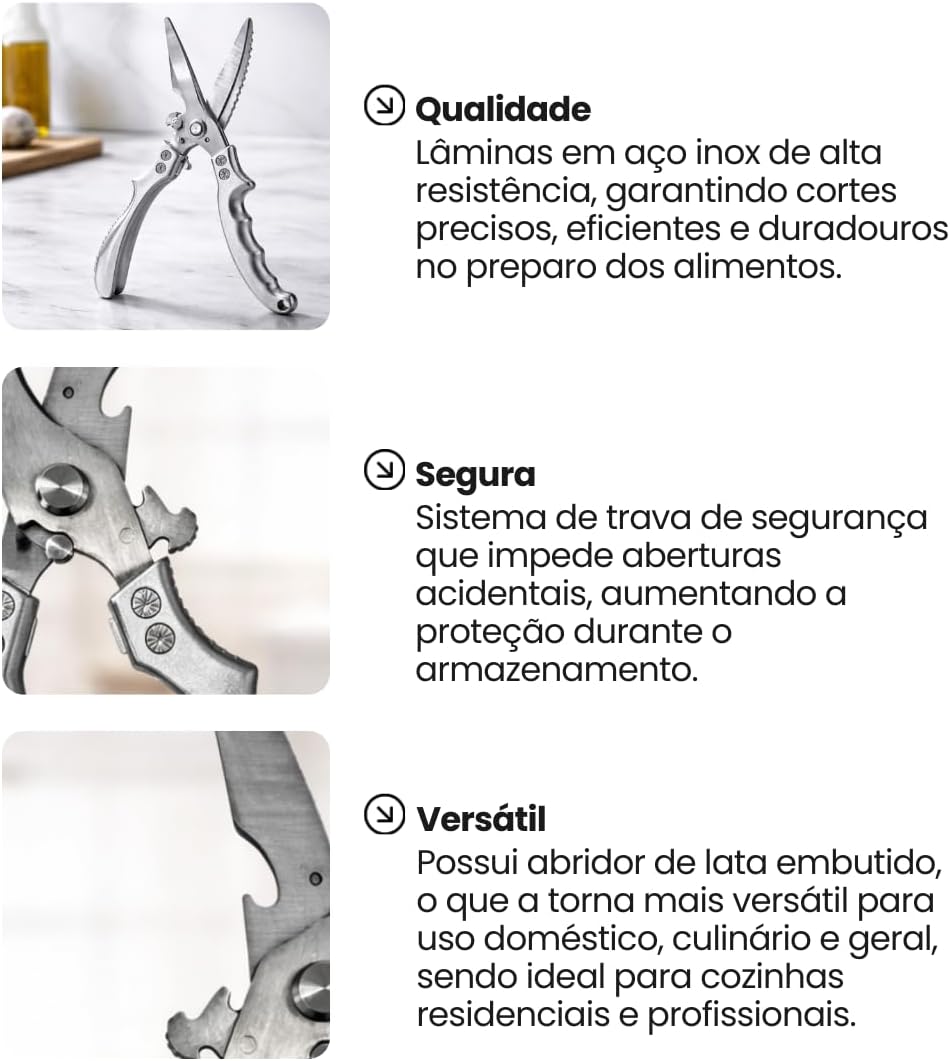 Tesoura de Cozinha Profissional 30cm Aço Inox Trava Segurança Corte Frango Ossos Multifuncional IZECHOP PRO IZESHOP Tesoura de cozinha IZECHOP PRO com cabo anatômico confortável e trava de segurança