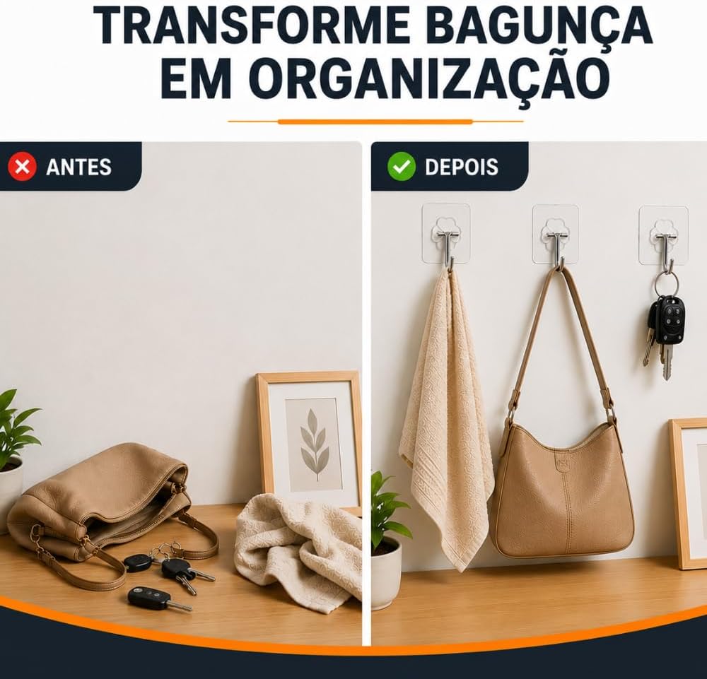 Kit 10 Ganchos Adesivos Transparentes 180° Forte Sem Furo Ultra Fixação IZEHOOK PRO IZESHOP Ganchos adesivos ultra resistentes para organização prática sem danificar a parede