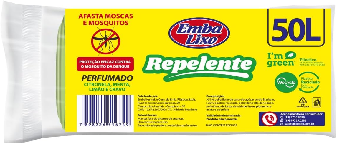 Embalixo Saco de Lixo Verde 50L Reforçado Perfumado Repelente 30 Unidades IZEGUARD PRO IZESHOP Saco de lixo verde 50 litros perfumado com citronela menta limão e cravo