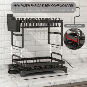 Escorredor de Louça 2 Andares Aço Carbono Preto Inox 42x29x29 Organizador Premium IZEWASH PRO