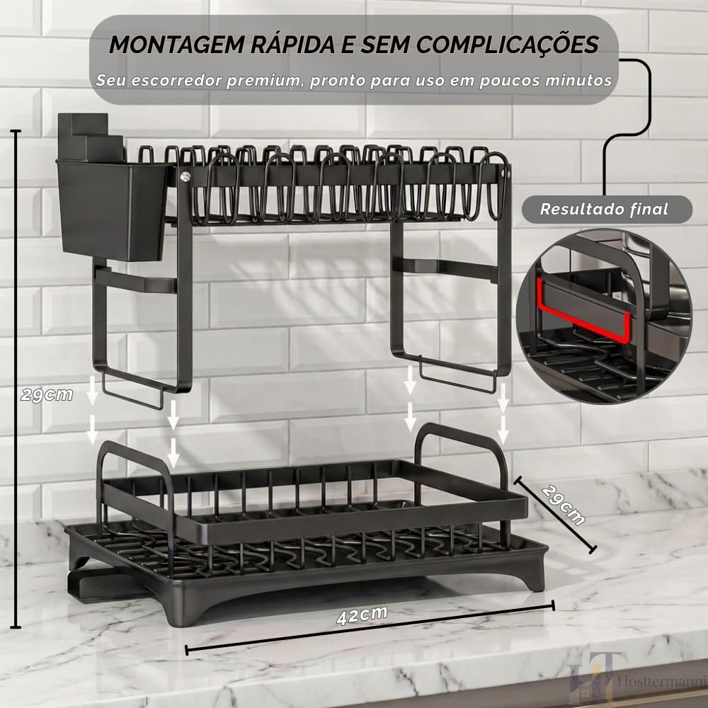 Escorredor de Louça 2 Andares Aço Carbono Preto Inox 42x29x29 Organizador Premium IZEWASH PRO