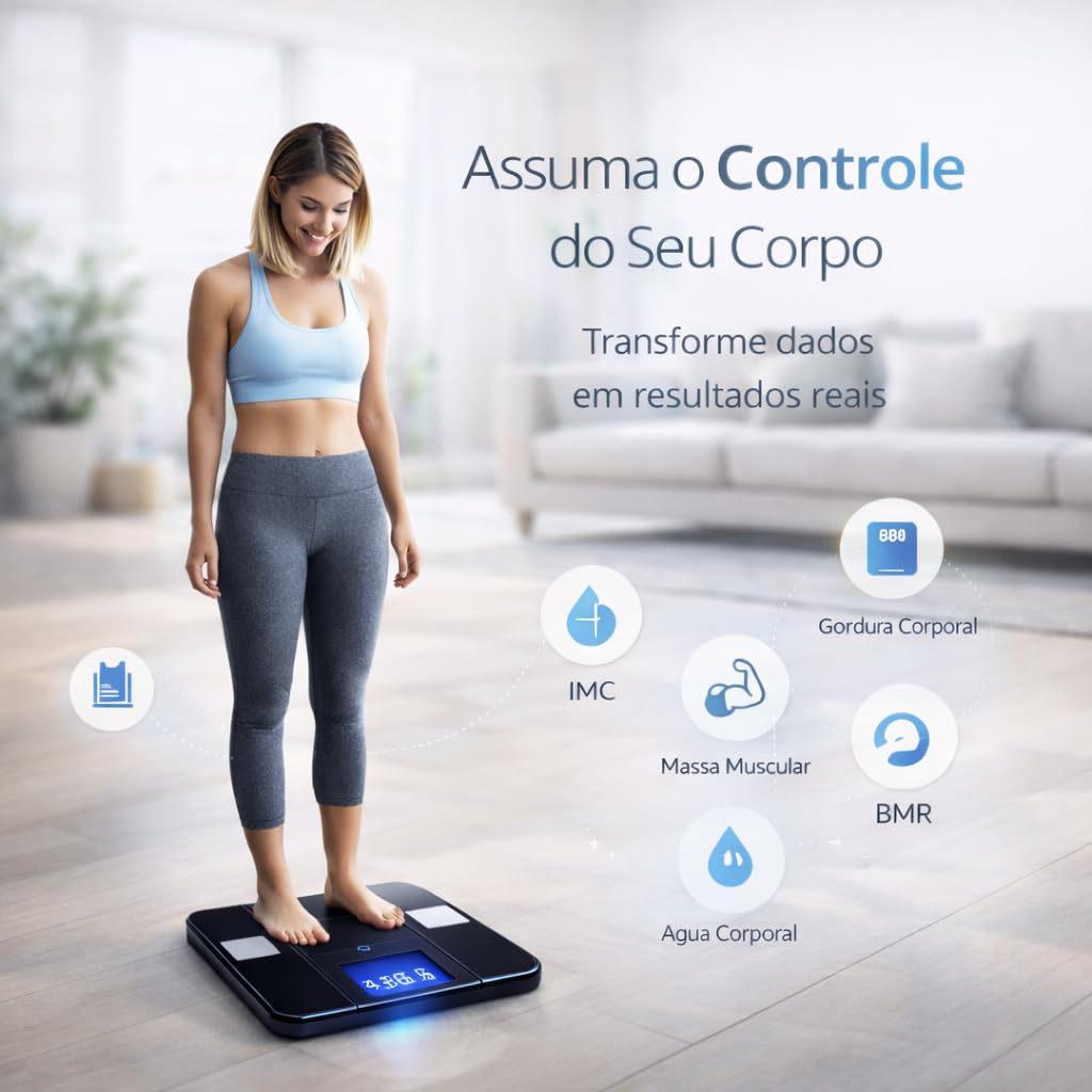 Balança Digital Bioimpedância Bluetooth Vidro Temperado LED App Saúde IMC Gordura Corporal IZEFIT PRO IZESHOP Balança digital de vidro temperado com visor LED e design elegante para banheiro ou quarto
