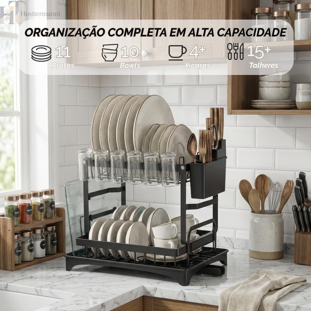Escorredor de Louça 2 Andares Aço Carbono Preto Inox 42x29x29 Organizador Premium IZEWASH PRO
