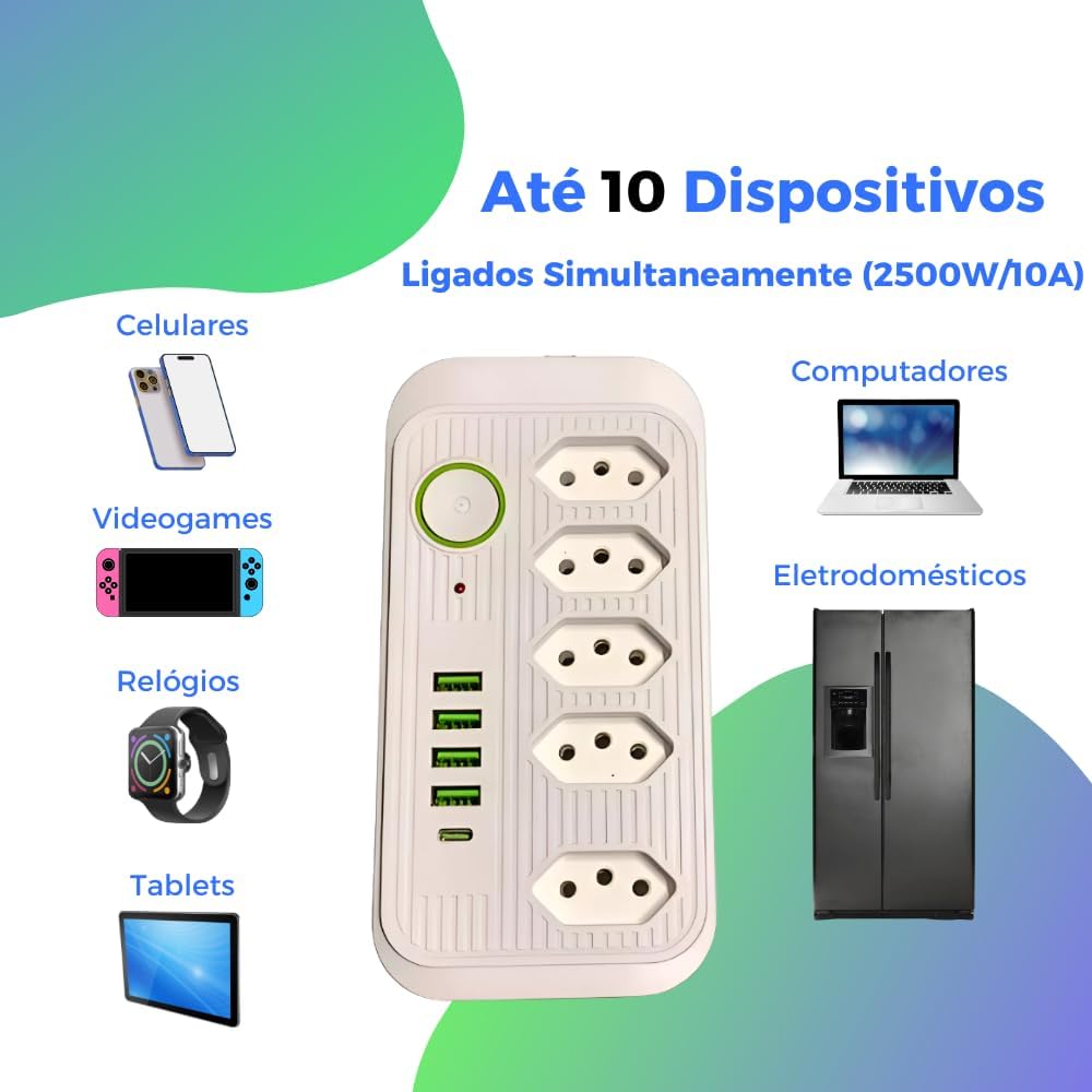 Filtro de Linha 5 Tomadas 4 USB-A 1 USB-C 2m Bivolt 2500W Proteção Inteligente IZEPOWER PRO IZESHOP Filtro de linha com espaço ideal entre tomadas e botão iluminado para uso prático