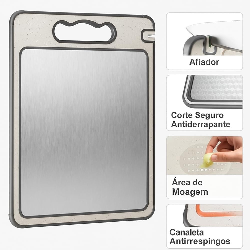Tábua de Corte Inox Dupla Face Fibra de Trigo Antirrespingo Antiderrapante Afiador IZECHOP PRO