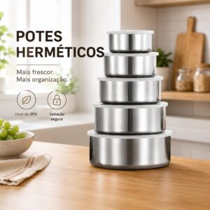Kit 5 Tigelas Herméticas Aço Inox Redondas com Tampa Vedação Segura Organiza Fácil IZEHOLD PRO Kit 5 Tigelas Herméticas Aço Inox Redondas com Tampa Vedação Segura Organiza Fácil IZEHOLD PRO