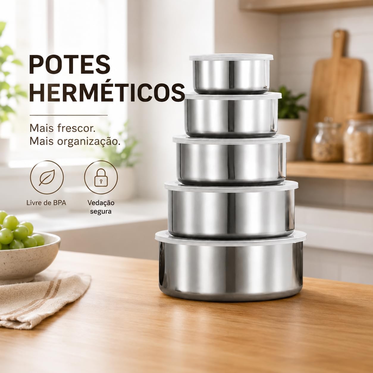 Kit 5 Tigelas Herméticas Aço Inox Redondas com Tampa Vedação Segura Organiza Fácil IZEHOLD PRO IZESHOP Tigelas herméticas em aço inox com tampa de encaixe firme para conservação de alimentos
